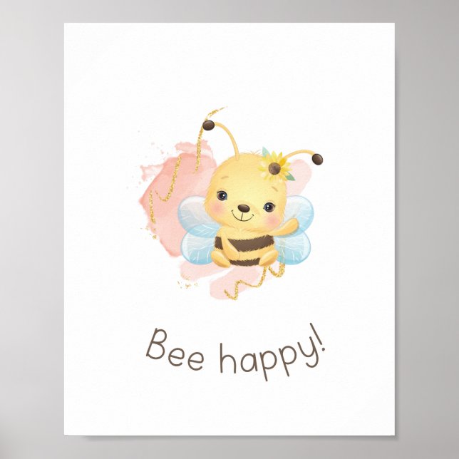 Cute Pink/Yellow Bee Happy! Nursery Girls Wall Art (Front)