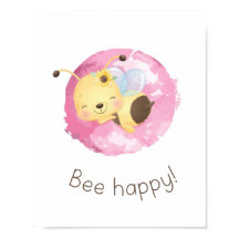 Cute Pink/Yellow Bee Happy Nursery Girls Wall Art