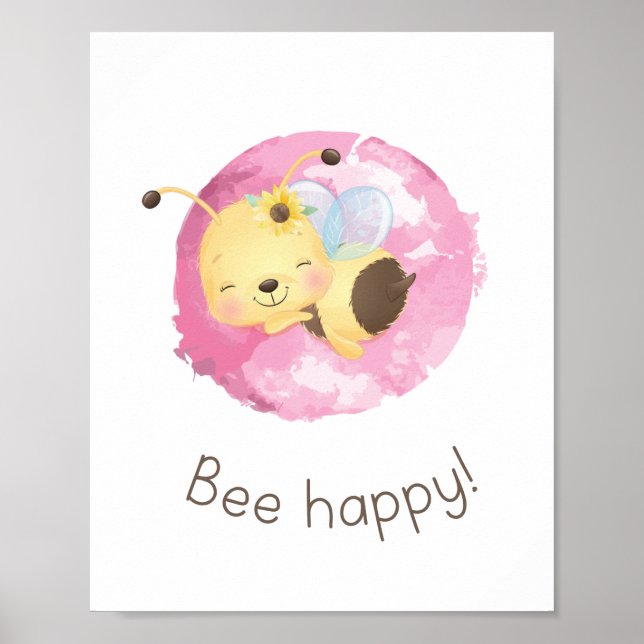 Cute Pink/Yellow Bee Happy Nursery Girls Wall Art (Front)