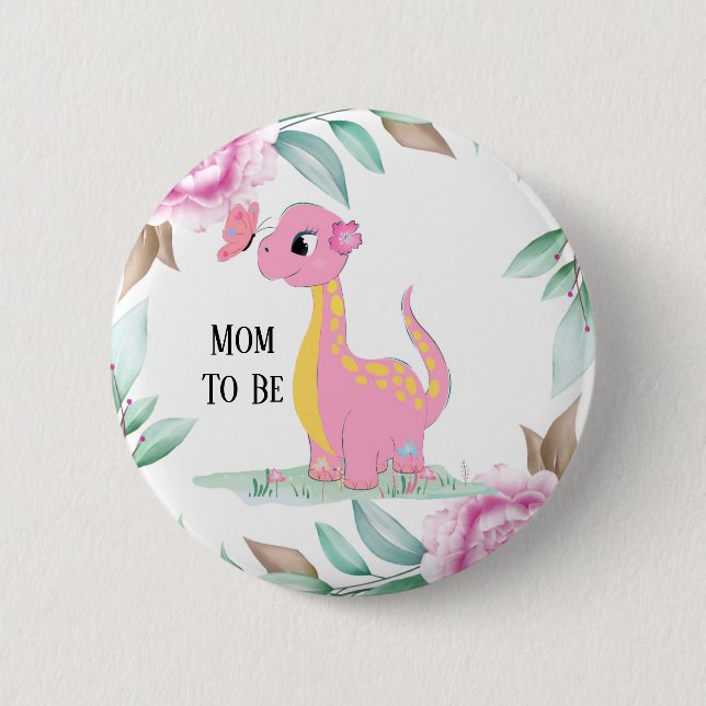 Cute Pink Yellow Dinosaur Butterfly Baby Shower 2 Inch Round Button (Front)