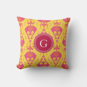 Cute pink yellow ikat tribal pattern monogram throw pillow
