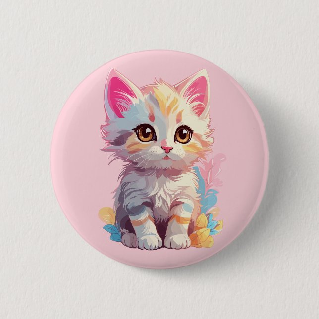 Cute Pink Yellow Kawaii Kitten 2 Inch Round Button (Front)