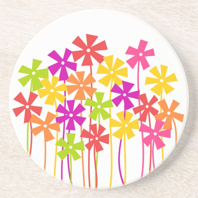 Cute pink yellow orange simple flowers drawing  coaster (Front)