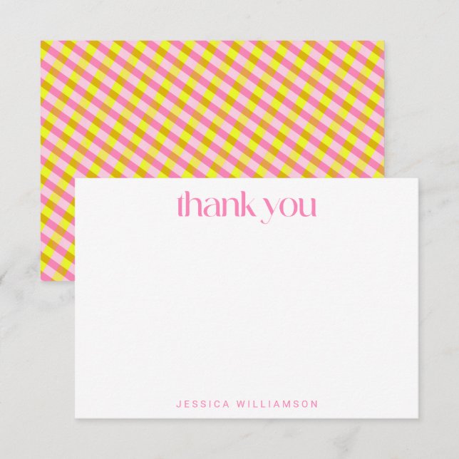 Cute Pink Yellow Plaid Custom Bridal Shower Thank You Card (Front/Back)