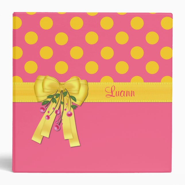 Cute Pink & Yellow Polka Dot Custom Binder (Front)