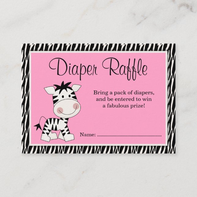 Cute Pink Zebra Baby Shower Diaper Raffle Enclosure Card (Front)