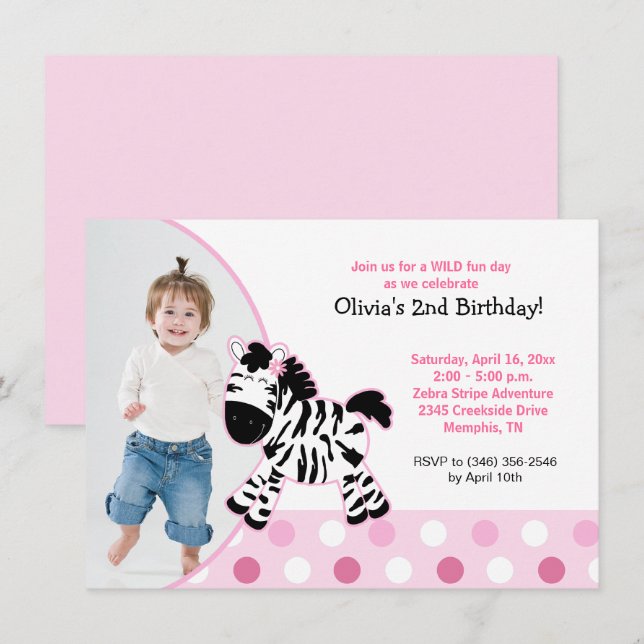 Cute Pink Zebra Girl Photo Birthday Invitation (Front/Back)