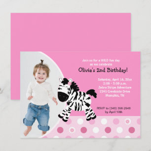 Cute Pink Zebra Girl Photo Birthday Invitation