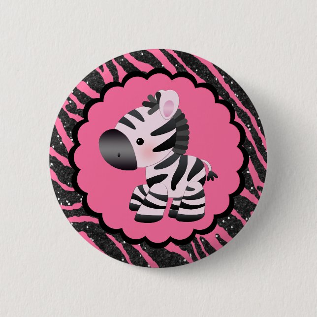 Cute Pink Zebra & Glitter Animal Print 2 Inch Round Button (Front)