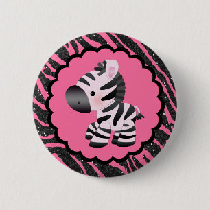 Cute Pink Zebra & Glitter Animal Print 2 Inch Round Button
