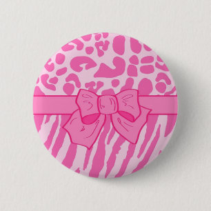 Cute Pink Zebra Leopard Animal Print and Girly Bow 2 Inch Round Button