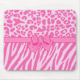 Cute Pink Zebra Leopard Animal Print and Girly Bow Mouse Pad