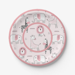 Cute Pink Zoo Animals Zebra Baby Shower Paper Plate