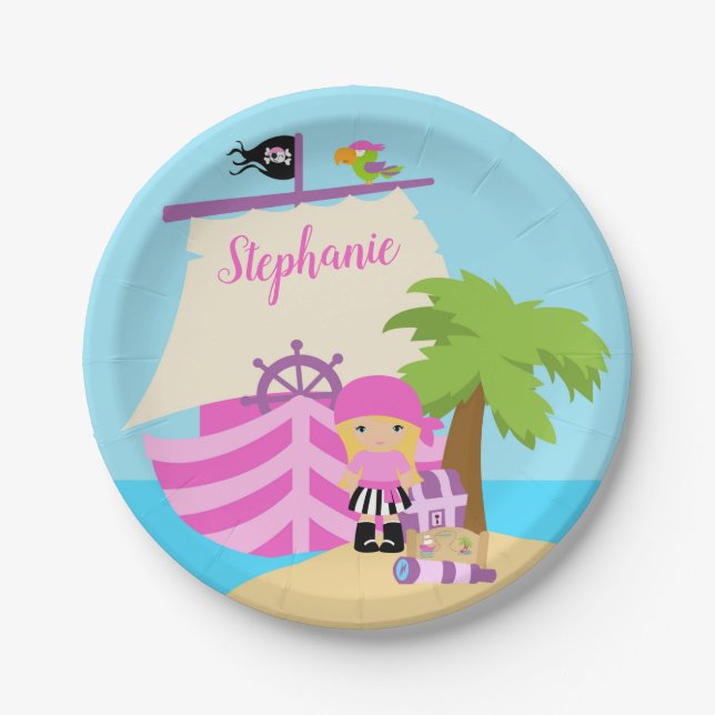 Cute Pirate Blonde Girl & A Big Ship Custom Name Paper Plate (Front)