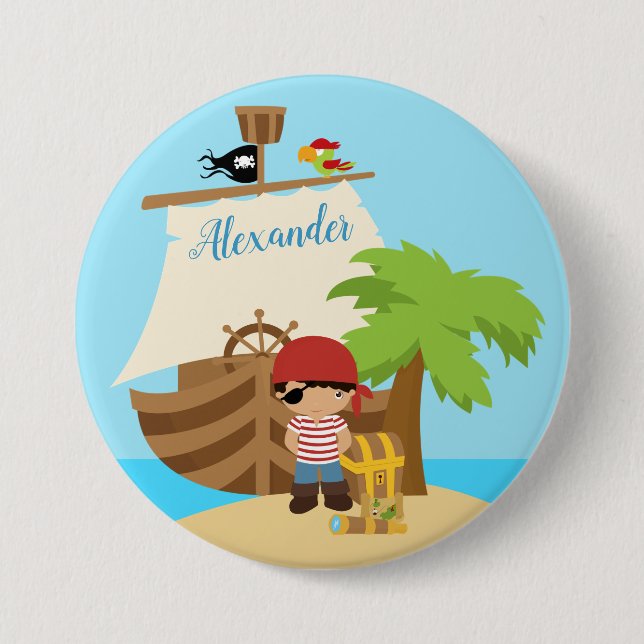Cute Pirate Boy & A Big Ship Custom Name 3 Inch Round Button (Front)