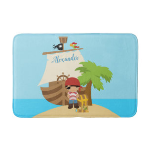 Cute Pirate Boy & A Big Ship Custom Name Bath Mat