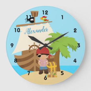 Cute Pirate Boy & A Big Ship Custom Name Large Clock
