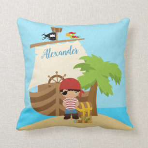 Cute Pirate Boy & A Big Ship Custom Name Throw Pillow