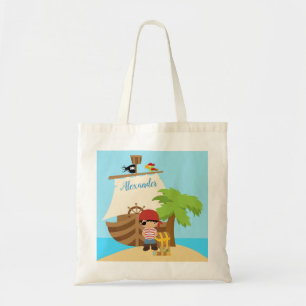 Cute Pirate Boy & A Big Ship Custom Name Tote Bag