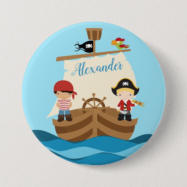 Cute Pirate Boys & A Big Ship Custom Name 3 Inch Round Button (Front)