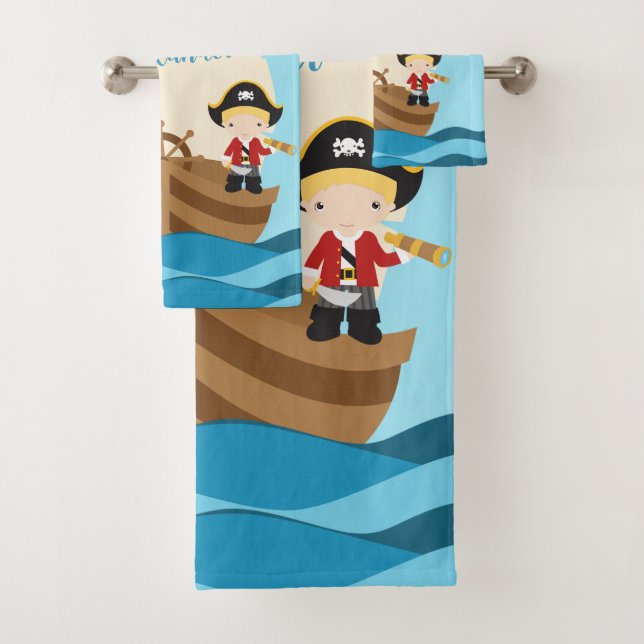 Cute Pirate Boys & A Big Ship Custom Name Bath Towel Set (Insitu)