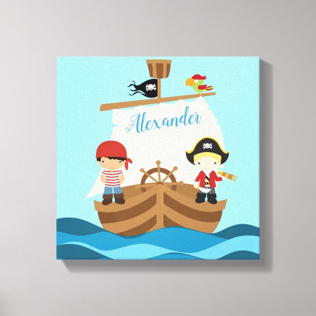 Cute Pirate Boys & A Big Ship Custom Name Canvas Print (Front)