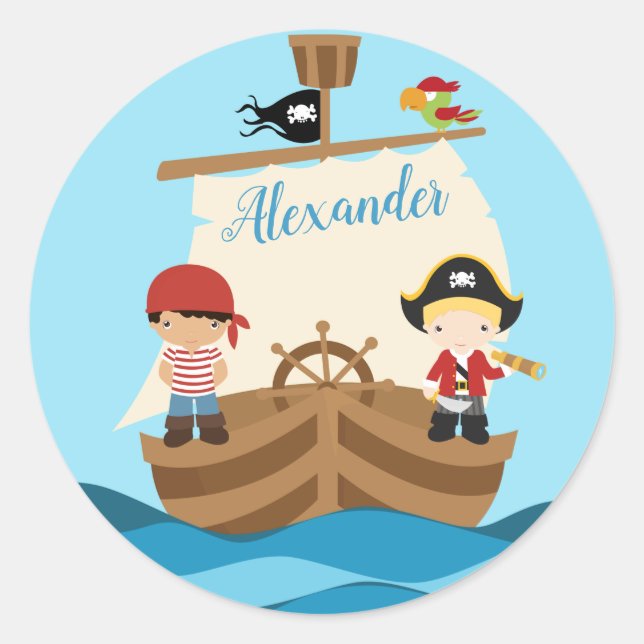 Cute Pirate Boys & A Big Ship Custom Name Classic Round Sticker (Front)