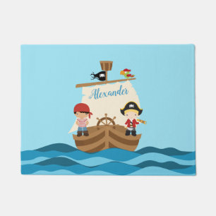 Cute Pirate Boys & A Big Ship Custom Name Doormat