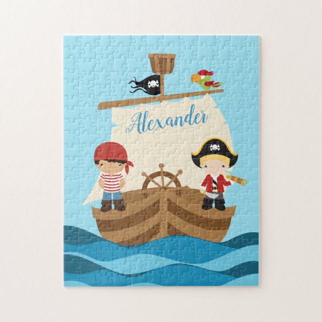 Cute Pirate Boys & A Big Ship Custom Name Jigsaw Puzzle (Vertical)