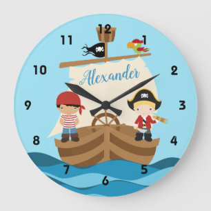 Cute Pirate Boys & A Big Ship Custom Name Large Clock