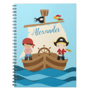 Cute Pirate Boys & A Big Ship Custom Name Notebook