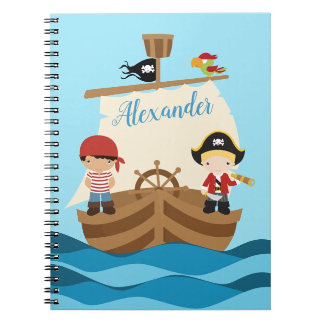 Cute Pirate Boys & A Big Ship Custom Name Notebook (Front)