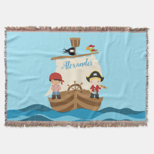 Cute Pirate Boys & A Big Ship Custom Name Throw Blanket
