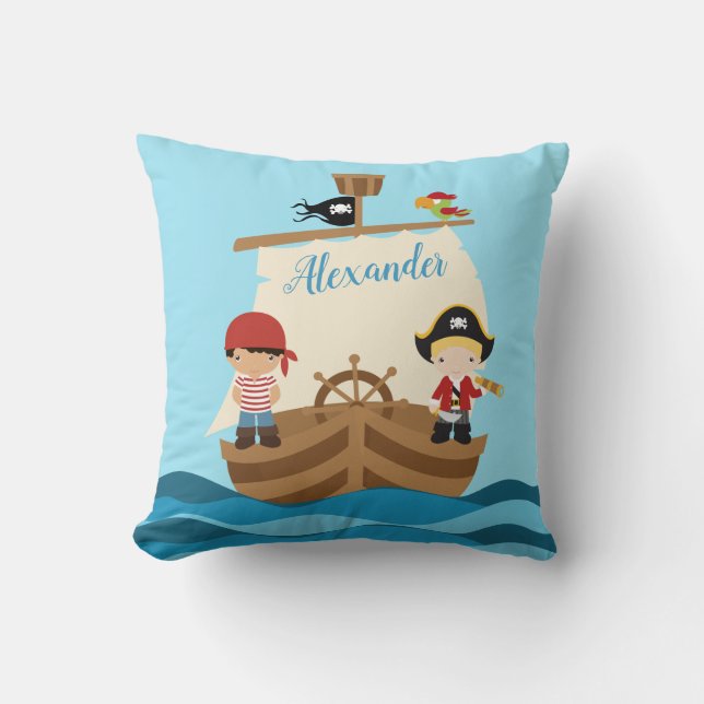 Cute Pirate Boys & A Big Ship Custom Name Throw Pillow (Front)
