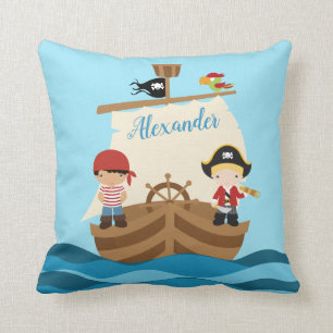 Cute Pirate Boys & A Big Ship Custom Name Throw Pillow
