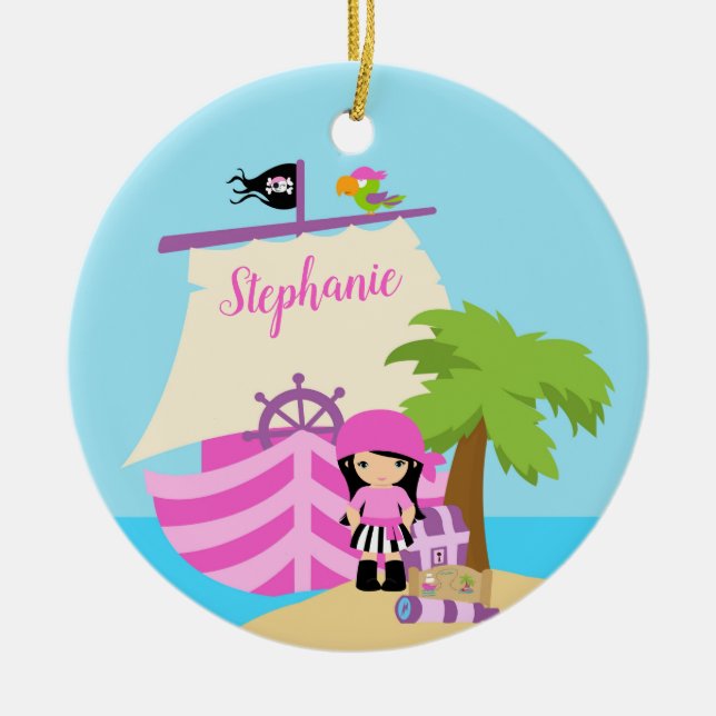 Cute Pirate Brunette Girl & A Big Ship Custom Name Ceramic Ornament (Front)
