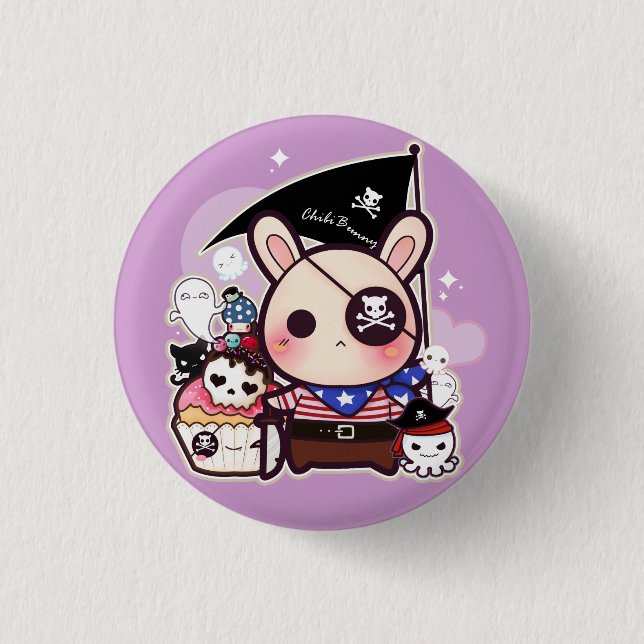 Cute pirate bunny with kawaii cupcake and octopus 1 inch round button (Front)