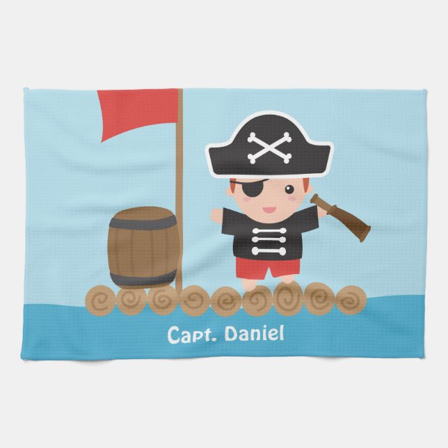 Cute Pirate Captain Ocean Raft Boy Kitchen Towel (Horizontal)