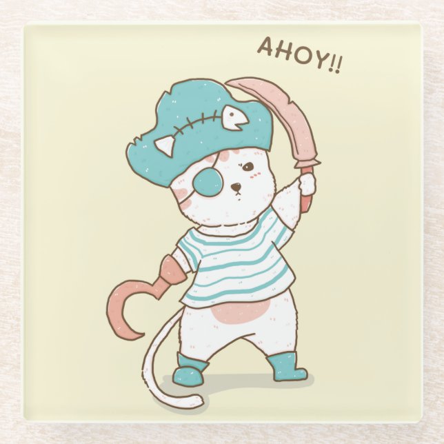 Cute Pirate Cat Glass Coaster (Front)