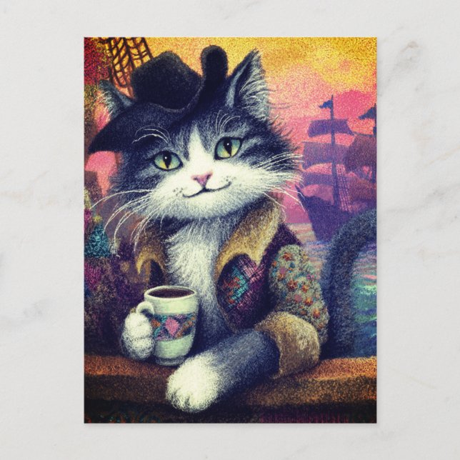 Cute Pirate Cat With a Coffee Postcard (Front)