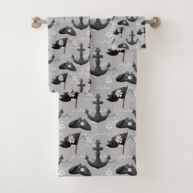 cute pirate lovers tiled bath towel set (Insitu)