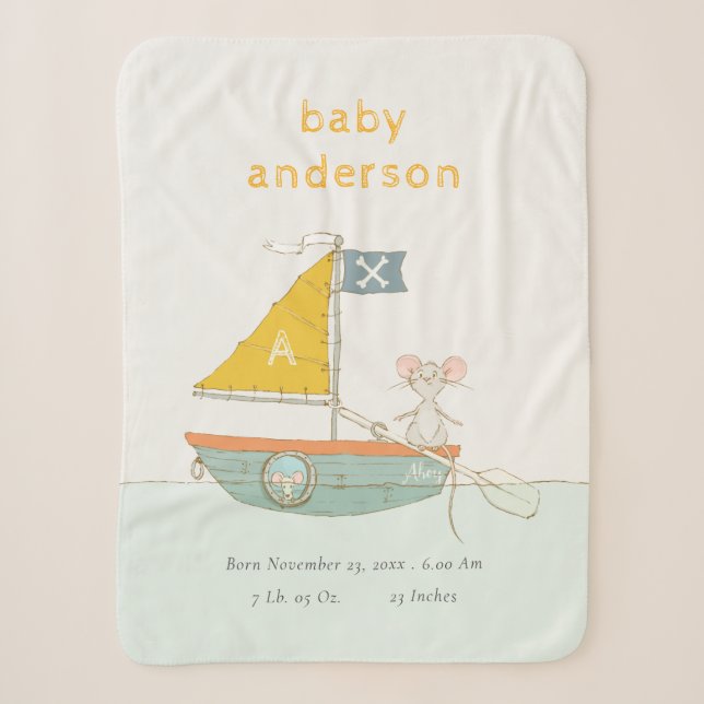 Cute Pirate Mouse Sailboat Kids Monogram Baby Stat Sherpa Blanket (Front)