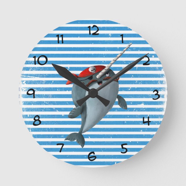 Cute Pirate Narwhal Round Clock (Front)