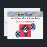 Cute Pirate Party Invitation<br><div class="desc">A cute pirate in a big pirate hat with an eyepatch, earring and bandana. A red background with pirate accents. Customize with all of your party information as desired.</div>