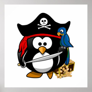 Cute Pirate Penguin with Treasure Chest Poster