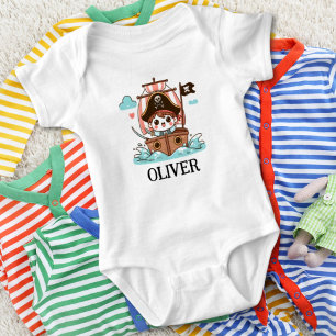 Cute Pirate Sailor Kid and Pirate Ship Baby Bodysuit