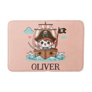 Cute Pirate Sailor Kid and Pirate Ship Bath Mat