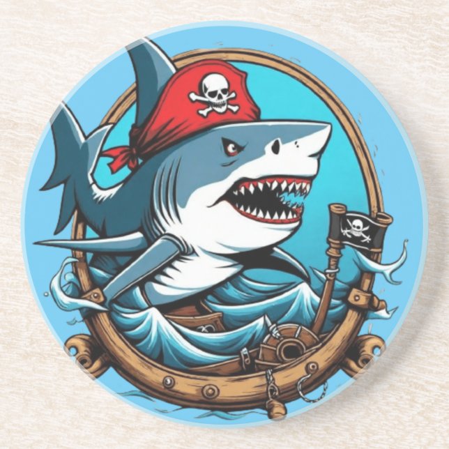 Cute pirate shark on a boat  coaster (Front)