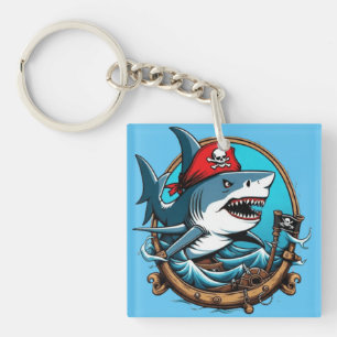 Cute pirate shark on a boat  keychain