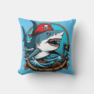 Cute pirate shark on a boat  throw pillow